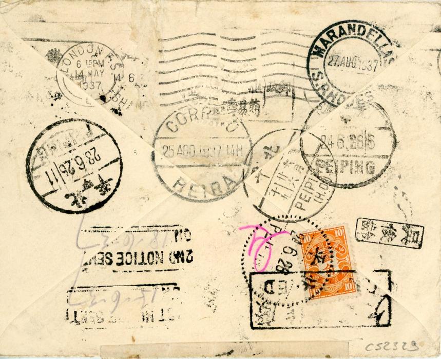 GREAT BRITAIN / CHINA / RHODESIA GREAT BRITAIN / CHINA / RHODESIA: 1937 (13 May) 1 1/2d stationery envelope to China, redirected to Rhodesia via Mocambique with China 10c orange postage due applied (15 6), further 20c on reverse