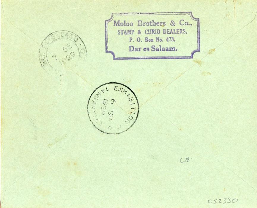 TANGANYIKA TANGANYIKA: 1929 (6 SP) Internal Registered cover franked 1927-31 40c brown top marginal vertical pair cancelled by EXHIBITION P.O. TANGANYIKA cds with registered label typed Exhibition in violet, arrival Dar-es-Salaam backstamp, fine