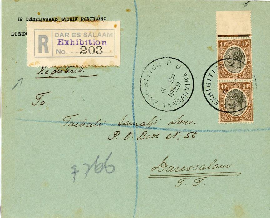 TANGANYIKA TANGANYIKA: 1929 (6 SP) Internal Registered cover franked 1927-31 40c brown top marginal vertical pair cancelled by EXHIBITION P.O. TANGANYIKA cds with registered label typed Exhibition in violet, arrival Dar-es-Salaam backstamp, fine