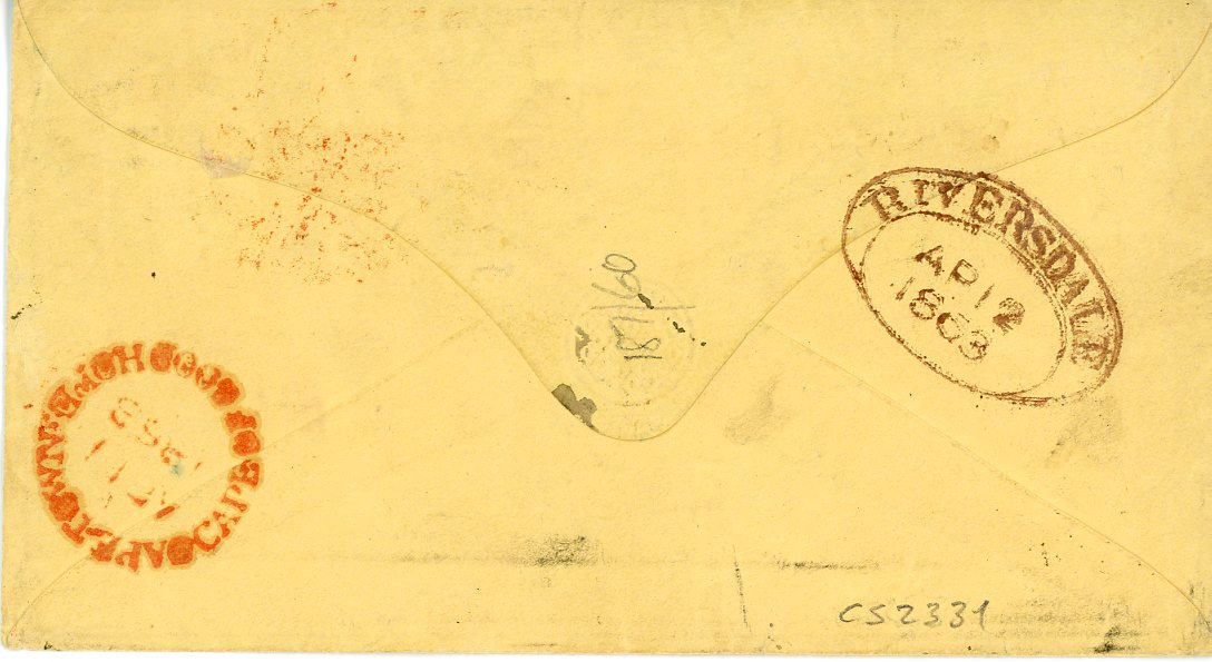 SOUTH AFRICA / CAPE OF GOOD HOPE SOUTH AFRICA / CAPE OF GOOD HOPE: 1863 (2 3) incoming yellow envelope from Netherlands with red Utrecht dispatch and London Paid transit, taxed 1d in red with Capetown Cape of Good Hope Ap 11 arrival cds in red and oval RIVERSDALE in violet  on reverse (Ap 12), fine