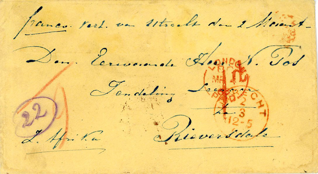 SOUTH AFRICA / CAPE OF GOOD HOPE SOUTH AFRICA / CAPE OF GOOD HOPE: 1863 (2 3) incoming yellow envelope from Netherlands with red Utrecht dispatch and London Paid transit, taxed 1d in red with Capetown Cape of Good Hope Ap 11 arrival cds in red and oval RIVERSDALE in violet  on reverse (Ap 12), fine