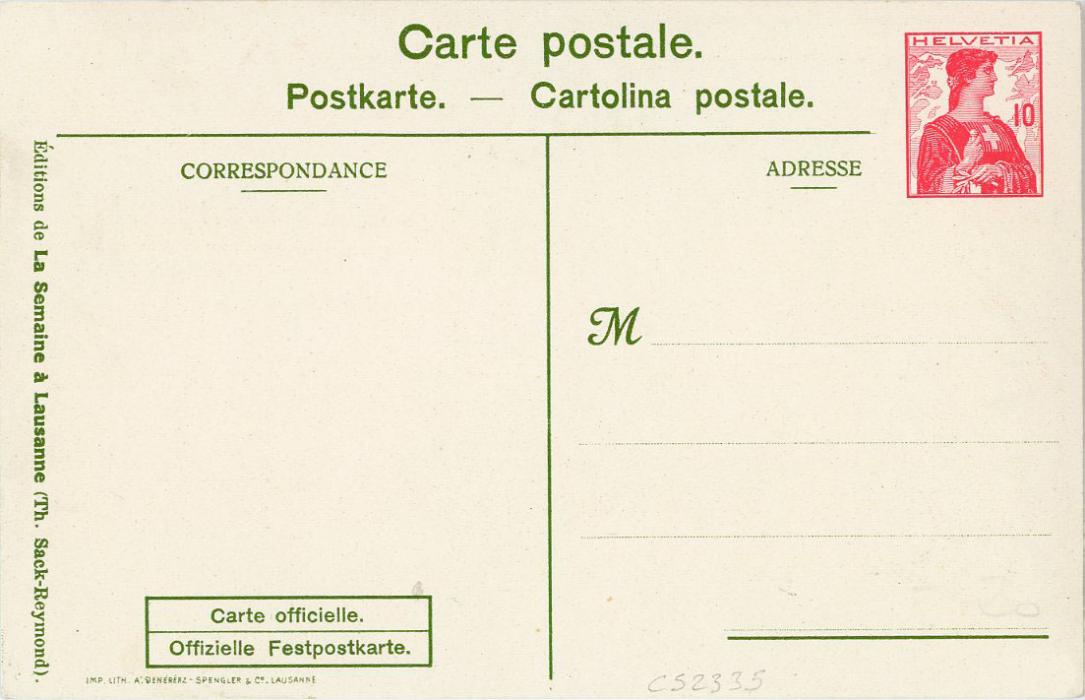 SWITZERLAND SWITZERLAND: 1909 (9-13 Juillet) Commemorative illustrated 10c red postal stationery card mint inscribed Fete Federale de GYMNASTIQUE, Lausanne, fine