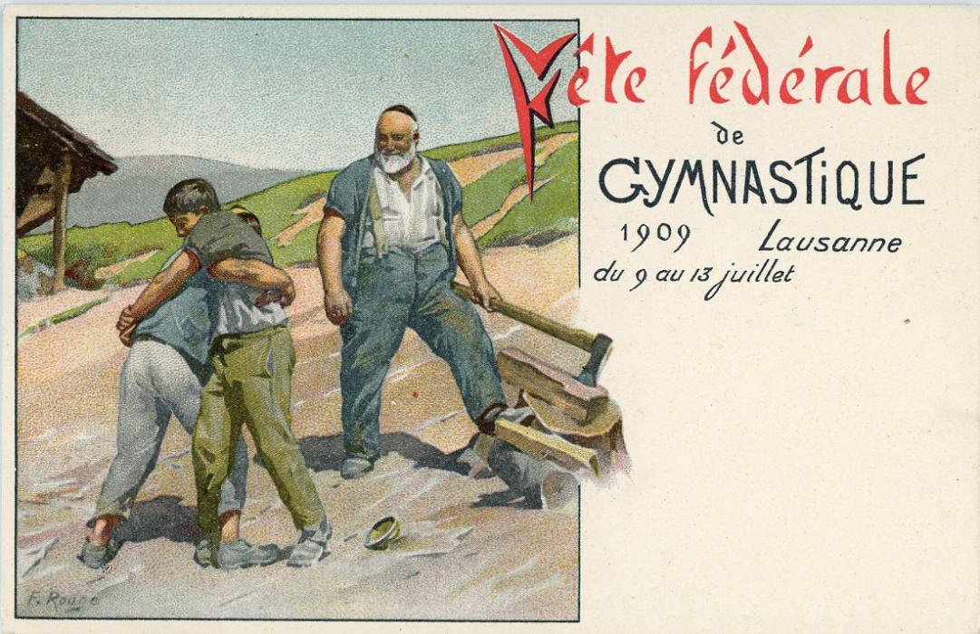 SWITZERLAND SWITZERLAND: 1909 (9-13 Juillet) Commemorative illustrated 2c olive postal stationery card mint inscribed Fete Federale de GYMNASTIQUE, Lausanne, fine