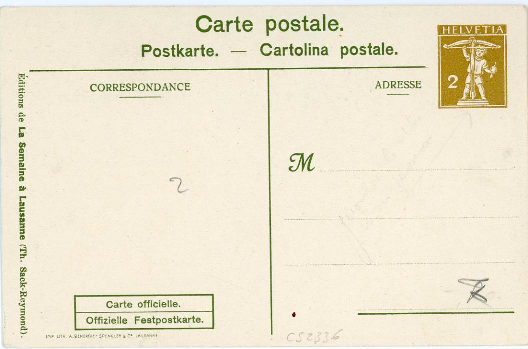 SWITZERLAND SWITZERLAND: 1909 (9-13 Juillet) Commemorative illustrated 2c olive postal stationery card mint inscribed Fete Federale de GYMNASTIQUE, Lausanne, fine