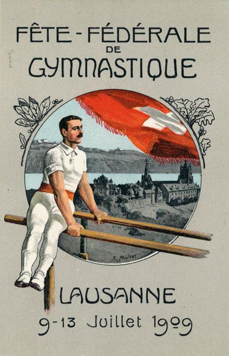 SWITZERLAND SWITZERLAND: 1909 (9-13 Juillet) Commemorative illustrated 5c green postal stationery card depicting gymnast on parallel bars mint, inscribed Fete Federale de GYMNASTIQUE, Lausanne, fine