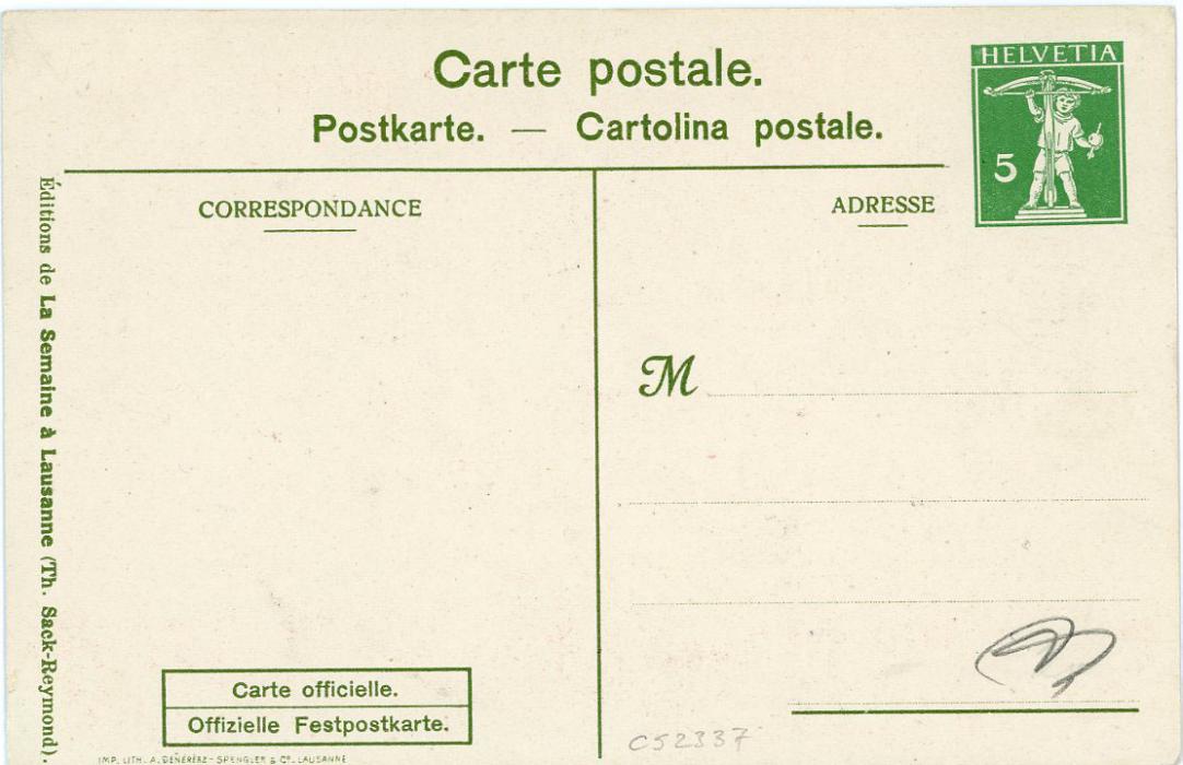 SWITZERLAND SWITZERLAND: 1909 (9-13 Juillet) Commemorative illustrated 5c green postal stationery card depicting gymnast on parallel bars mint, inscribed Fete Federale de GYMNASTIQUE, Lausanne, fine