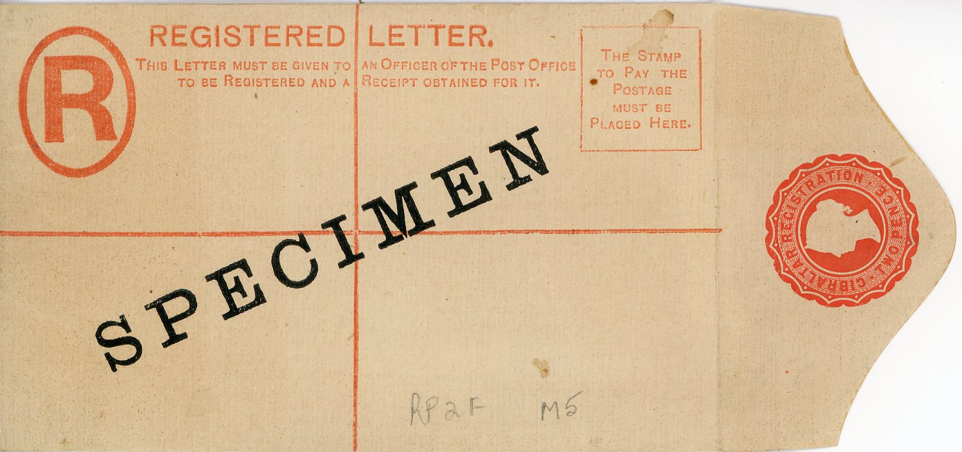GIBRALTAR GIBRALTAR: 1886-7 2d orange registered postal stationery envelope size F imprint M5 ovpt. SPECIMEN, only 4 copies recorded (RP2S/H&GC2s), small imperfections