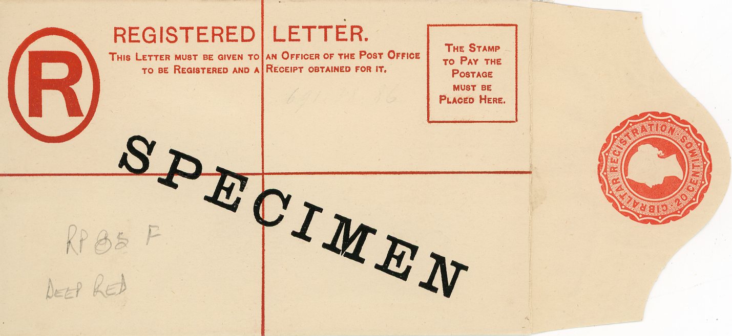 GIBRALTAR GIBRALTAR: 1889 (Nov) 20c red registered envelope size F imprint CPT41/2 ovpt. SPECIMEN (RP8aS) variety in red previously unknown on Specimen