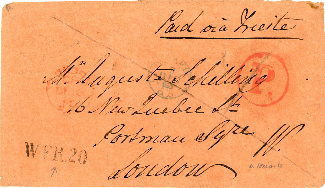 IONIAN ISLANDS IONIAN ISLANDS: 1862 (5 Dic) envelope to London with thimble CORFU dispatch in blue, red P in circle and London arrival alongside with WeiterFranco W.F.R.20 hs alongside, endorsed Paid via Trieste, small part of backflap missing