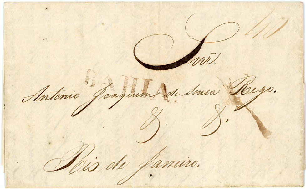 BRAZIL BRAZIL: 1840 Entire to Rio de Janeiro hs clear BAHIA in brown, taxed 40, vertical filing crease