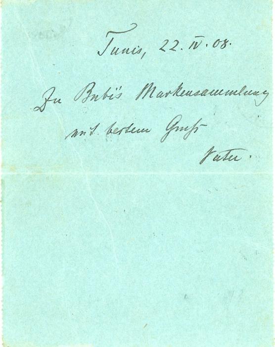 TUNISIA TUNISIA: 1908 (23 4) 30c postal stationery letter card printed TUNISIE LETTRE EXPRES to Germany uprated 10c + 15c tied by Tunis cds, with Norden arrival (28 4), originally issued only for domestic use hence the 25c surcharge, only a few of these cards recorded to foreign destinations, believed unique to a non-French destination ex Gough