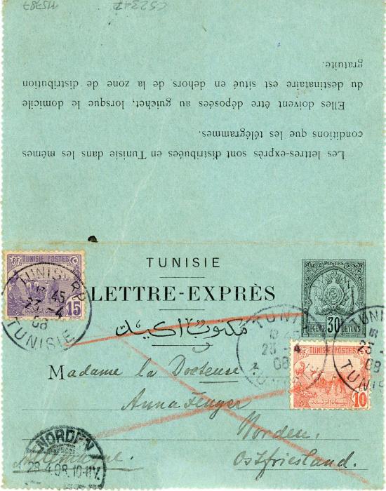 TUNISIA TUNISIA: 1908 (23 4) 30c postal stationery letter card printed TUNISIE LETTRE EXPRES to Germany uprated 10c + 15c tied by Tunis cds, with Norden arrival (28 4), originally issued only for domestic use hence the 25c surcharge, only a few of these cards recorded to foreign destinations, believed unique to a non-French destination ex Gough