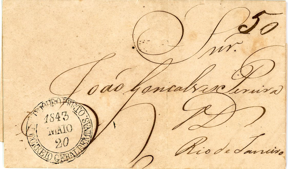 BRAZIL BRAZIL: 1843 (20 Mar) Entire to Rio with fine DOURO PRETO CORREIO GERAL DE MINAS , fine strike, rated 50, good thematic