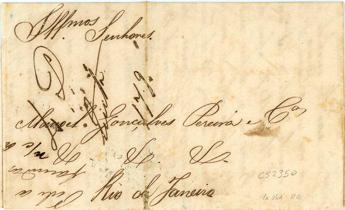 BRAZIL BRAZIL: 1858 (2 Mar) Entire to Rio with 2 strikes in blue on reverse of C./DO/SERRO., rare