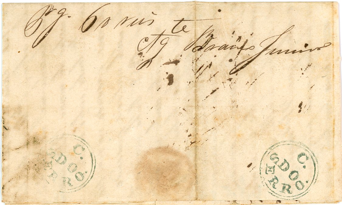 BRAZIL BRAZIL: 1858 (2 Mar) Entire to Rio with 2 strikes in blue on reverse of C./DO/SERRO., rare