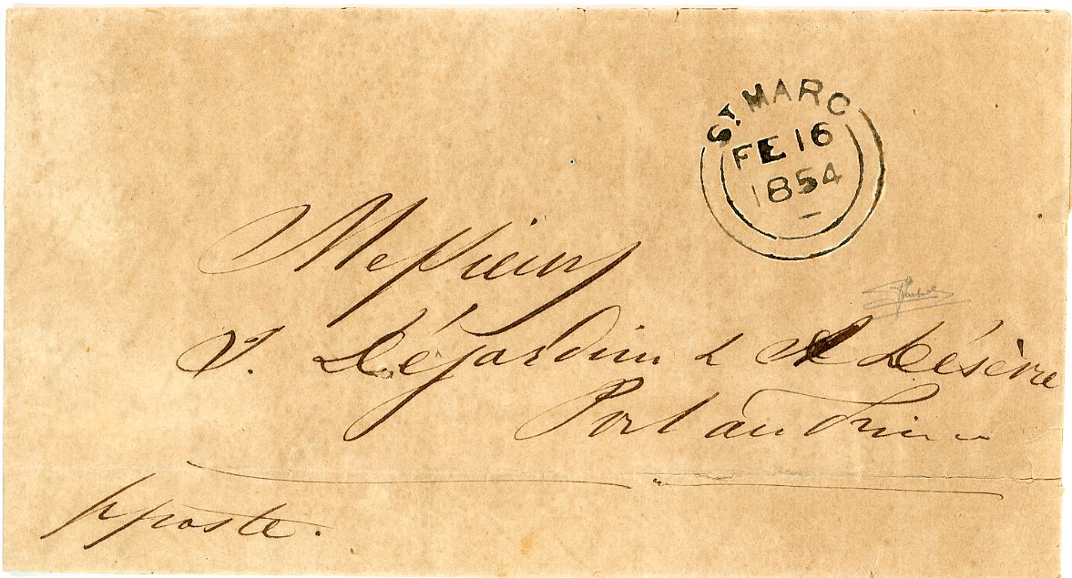 GREAT BRITAIN / HAITI GREAT BRITAIN / HAITI: 1854 (14 Fevr) Entire to Port au Prince hs v.fine British P.O. ST MARC double arc FE16 cds , entire aged and fragile with horizontal crease at base with some splitting, scarce 