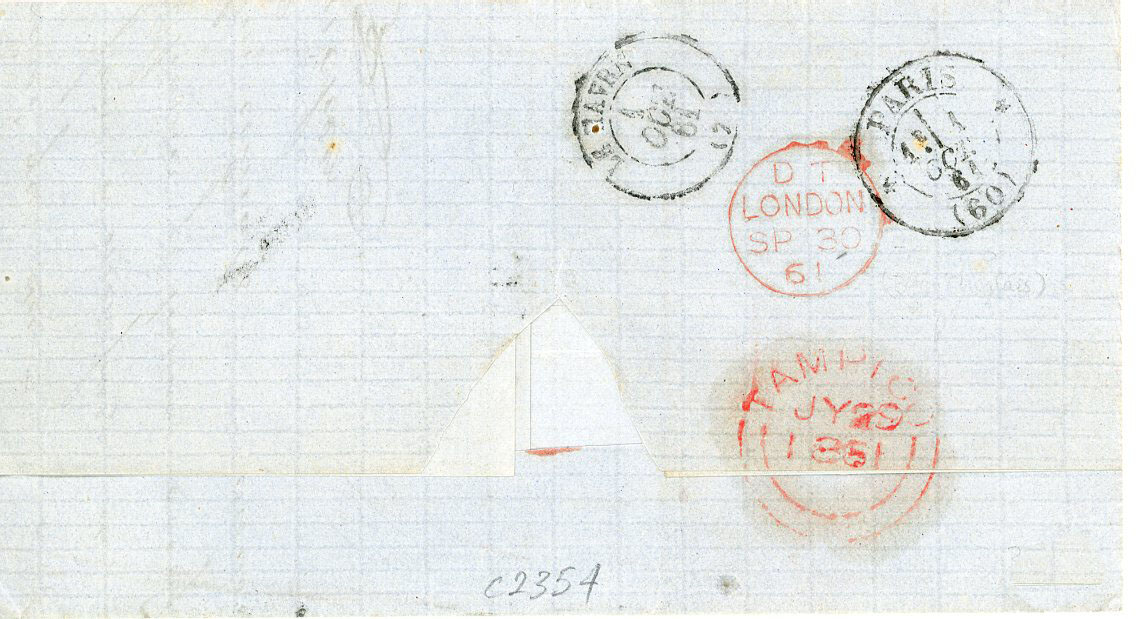 GREAT BRITAIN / MEXICO GREAT BRITAIN / MEXICO: 1861 (29 Jui) Folded letter to France from Mexico with Tampico deadline, on the front Franqueado Santa Anna... dispatch , boxed GB/1f60c accountancy mark, French entry (30/9), on reverse BRITISH POST OFFICE TAMPICO double arc cds JY 29 in red, slightly oily, red London transit (Sp 30), Paris (1/10), Le Havre arrival (1/10), all on reverse, fine