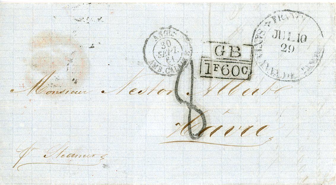 GREAT BRITAIN / MEXICO GREAT BRITAIN / MEXICO: 1861 (29 Jui) Folded letter to France from Mexico with Tampico deadline, on the front Franqueado Santa Anna... dispatch , boxed GB/1f60c accountancy mark, French entry (30/9), on reverse BRITISH POST OFFICE TAMPICO double arc cds JY 29 in red, slightly oily, red London transit (Sp 30), Paris (1/10), Le Havre arrival (1/10), all on reverse, fine