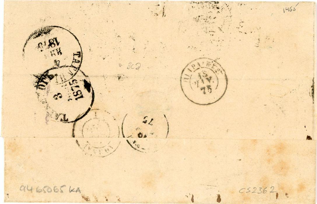RUSSIA / GREECE RUSSIA / GREECE: 1875 (11 Jan) Entire to Patras franked Russia 3k (2) + 10k with Tangarog & Odessa cancels, rated 40 in blue crayon franked 1872-75 40L bistre blue tied by losange 9 with Greek P.O. Constantinople transit (small corner fault), various bss incl. Athens & Piraeus, horizontal crease affecting 2 stamps, attractive combination