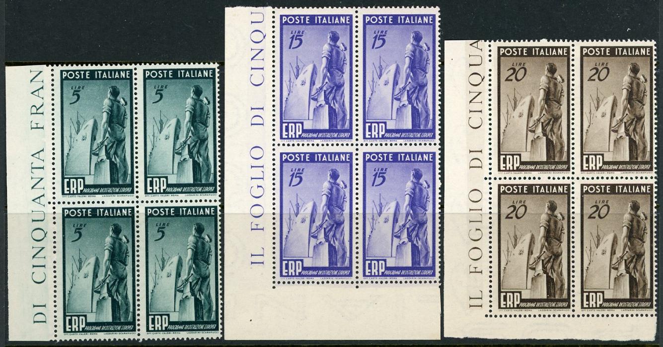 ITALY ITALY: 1949 European Recovery Plan in marginal nh mint blocks of 4, top 2 values corner marginal (Sass. 601-3)