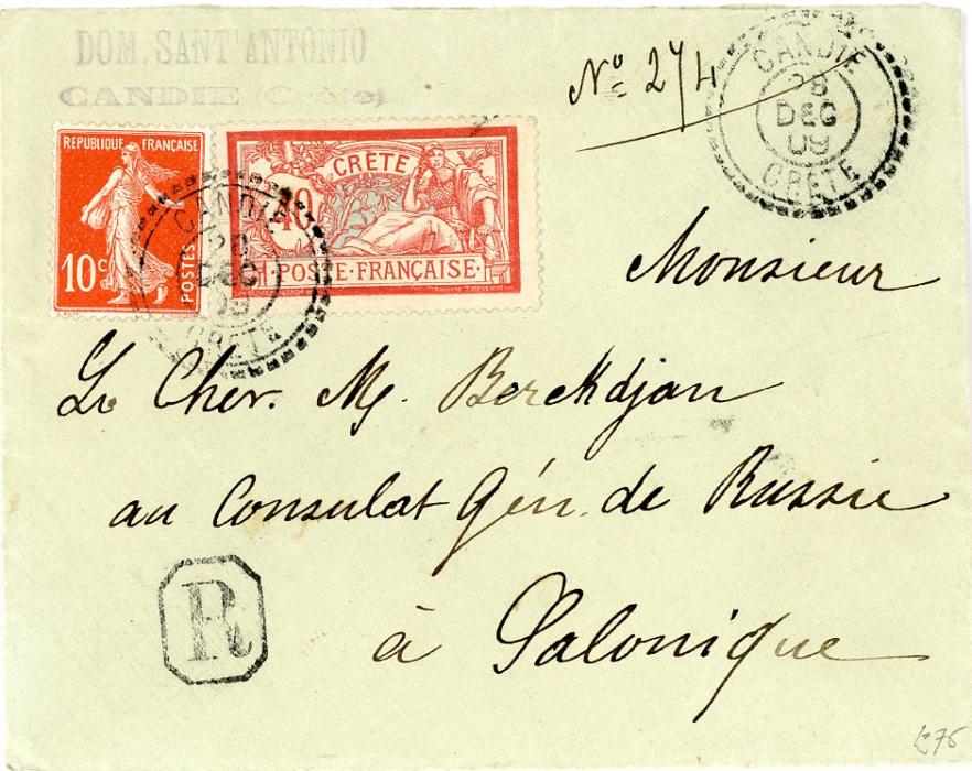 CRETE / FRANCE CRETE / FRANCE: French P.O. 1909 (28 Dec) registered envelope to Russian Consulate in Salonique franked 10c Sower + 40c Merson tied by dotted CANDIE/Crete cds with Salonique 2 Janv arrival bs, fine