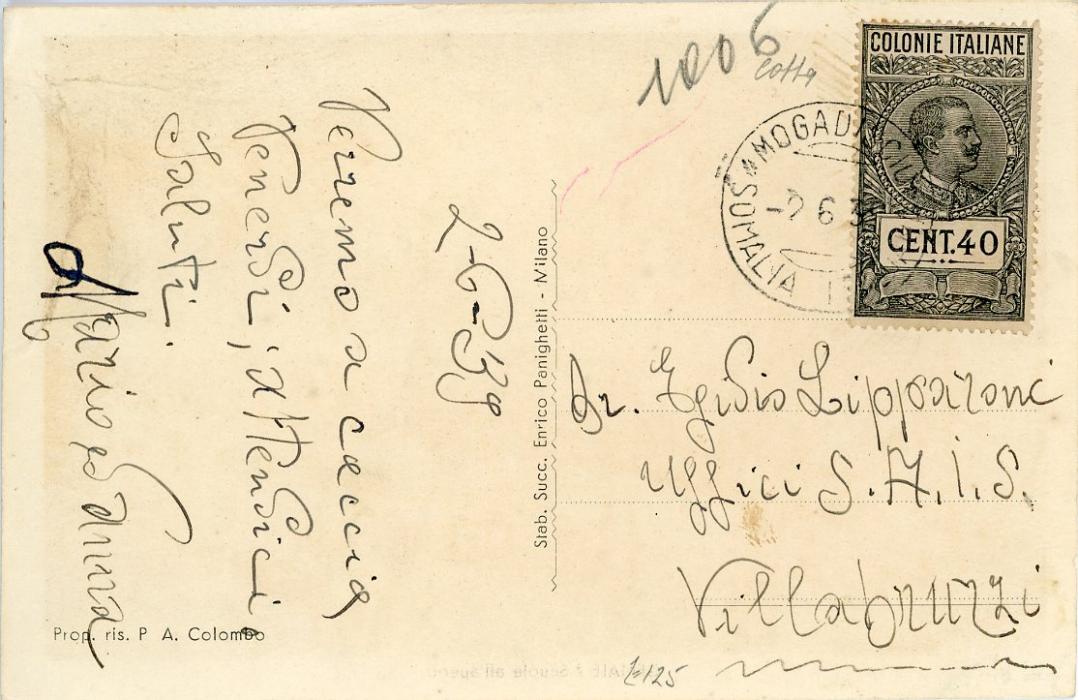ITALIAN COLONIES: SOMALIA ITALIAN COLONIES: SOMALIA 1939 (2 6) Picture postcard franked Colonie Italiane 40c black fiscal issue tied by Mogadisciu Somalia cds, very scarce usage, fine