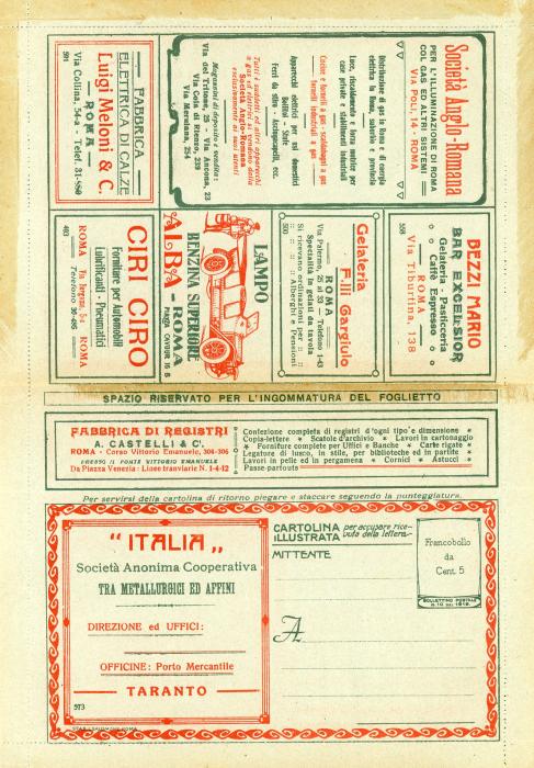 ITALY ITALY: 1920 BUSTA LETTERA POSTALE advertising letter card franked 40 c brown ovpt. B.L.P. in blue mint for 