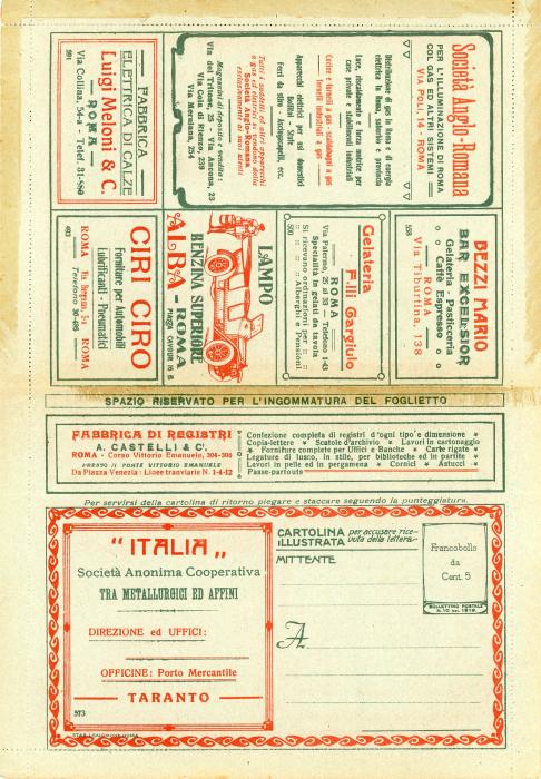 ITALY ITALY: 1920 BUSTA LETTERA POSTALE advertising letter card franked 20c orange-brown ovpt. B.L.P. used for 