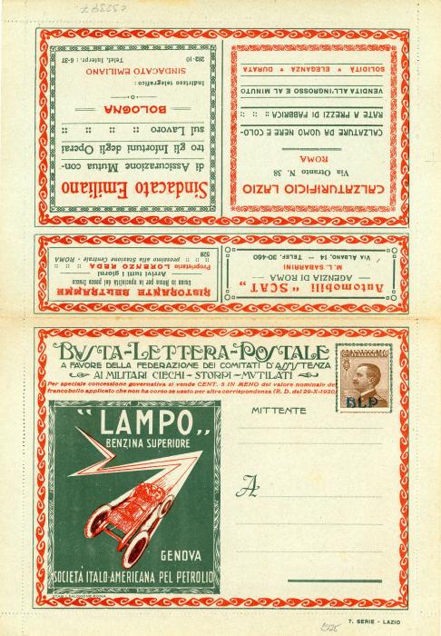ITALY ITALY: 1920 BUSTA LETTERA POSTALE advertising letter card franked 20c orange-brown ovpt. B.L.P. used for 