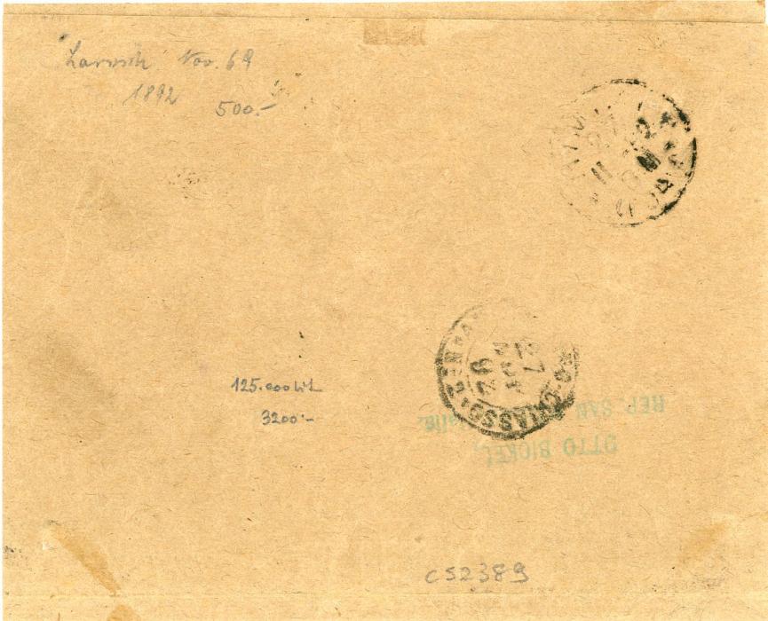 SAN MARINO SAN MARINO: 1892 (27 Nov) Registered opened out envelope to Germany franked 1877-90 10c blue + 40c lilac tied by Republica di S.Marino cdss with boxed RACCOMNDATA hs alongside, Chiasso transit (27 Nov)
