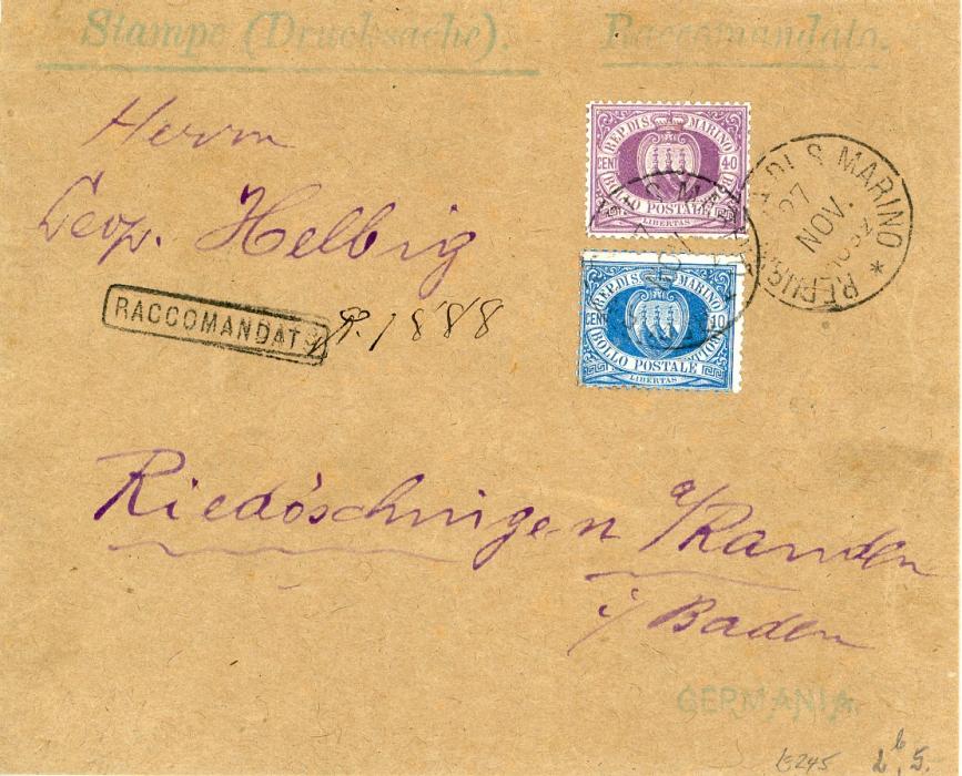 SAN MARINO SAN MARINO: 1892 (27 Nov) Registered opened out envelope to Germany franked 1877-90 10c blue + 40c lilac tied by Republica di S.Marino cdss with boxed RACCOMNDATA hs alongside, Chiasso transit (27 Nov)