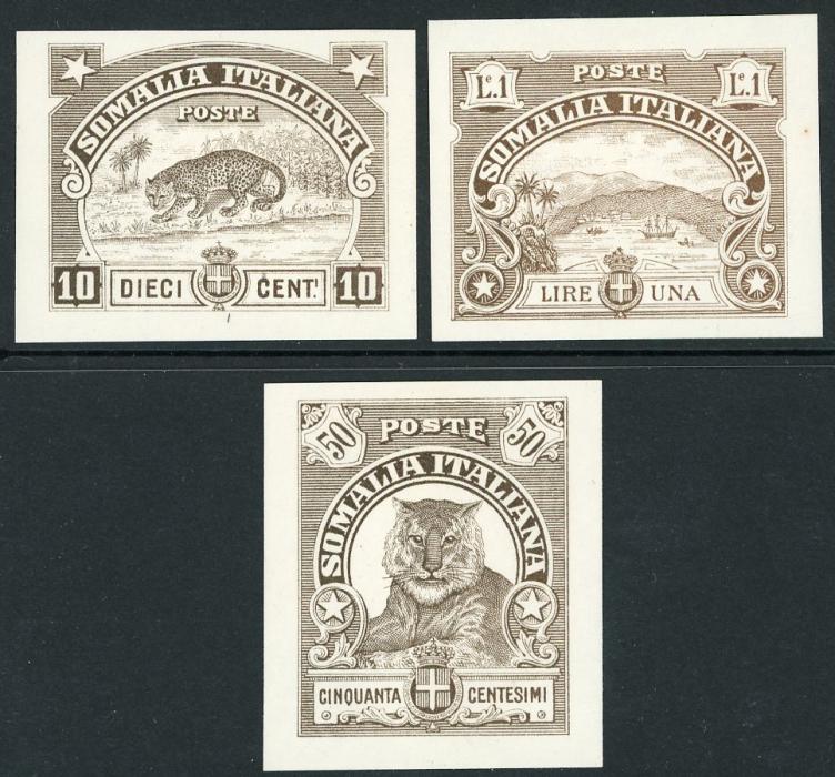 ITALIAN COLONIES: SOMALIA ITALIAN COLONIES: SOMALIA 1926 ca Unadopted essays in brown for a 10c value (Leopard), 50c Lion) & 1L (ships in a bay) all inscribed Somalia Italiana, v.fine