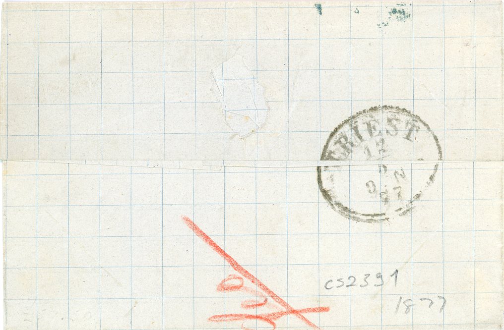 ROMANIA ROMANIA: 1877 Folded letter to Trieste with arrival bs (12 5) franked 1876 15b red-brown pair tied by blue Turgiu-Severin cds, fine