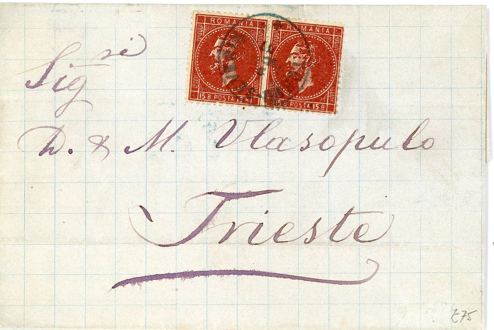 ROMANIA ROMANIA: 1877 Folded letter to Trieste with arrival bs (12 5) franked 1876 15b red-brown pair tied by blue Turgiu-Severin cds, fine