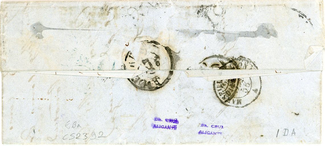 ITALIAN STATES: TUSCANY / SPAIN ITALIAN STATES: TUSCANY / SPAIN 1856 (21 Ott) entire to Palma de Mallorca, Balearic Is, Spain franked 4cr green pair ( enormous margins on 3 sides showing portion of another stamp), just touched left hand side + 6cr grey blue (large to touched margins) tied by Livorno cds, taxed 4 Rs on arrival, TOSCANE/ANTIBES 24/10 entry cds in red, various unclear bss incl. French TPO, good destination, v.fine