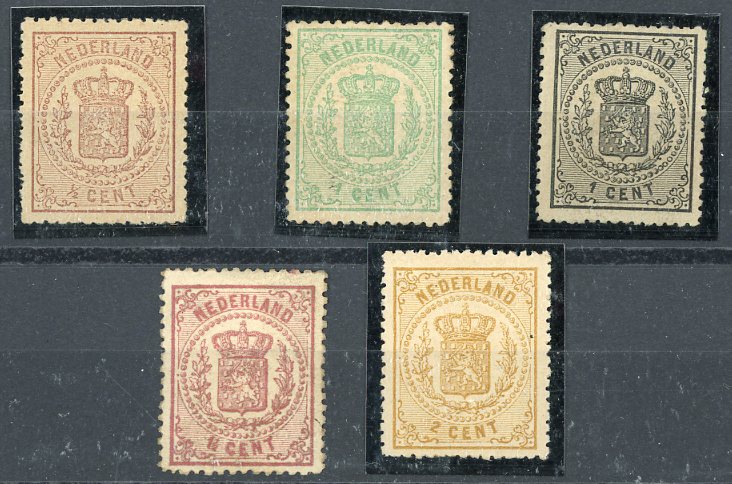 NETHERLANDS NETHERLANDS: 1876-94 1/2c + 1c + 2c part og plus 1c black and 1 1/2c claret, colour trials?
