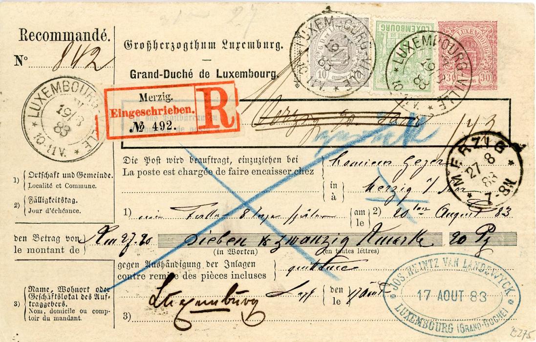 LUXEMBOURG LUXEMBOURG: 1883 (19 8) 30c red-lilac postal mandat registered envelope uprated 1880 10c and 1882 5c all tied by Luxembourg Ville cds with Merzig 27 8 arrival and corresponding reg. label, v.fine with cert.