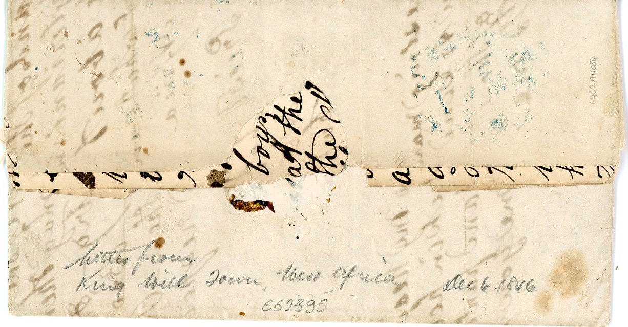 LIBERIA LIBERIA: 1846 (Dec 29) Missionary letter with Ling Will Town dateline to New York with blue BALTIMORE MP cds, SHIP and 7 hs all in the same blue ink, some interior splitting