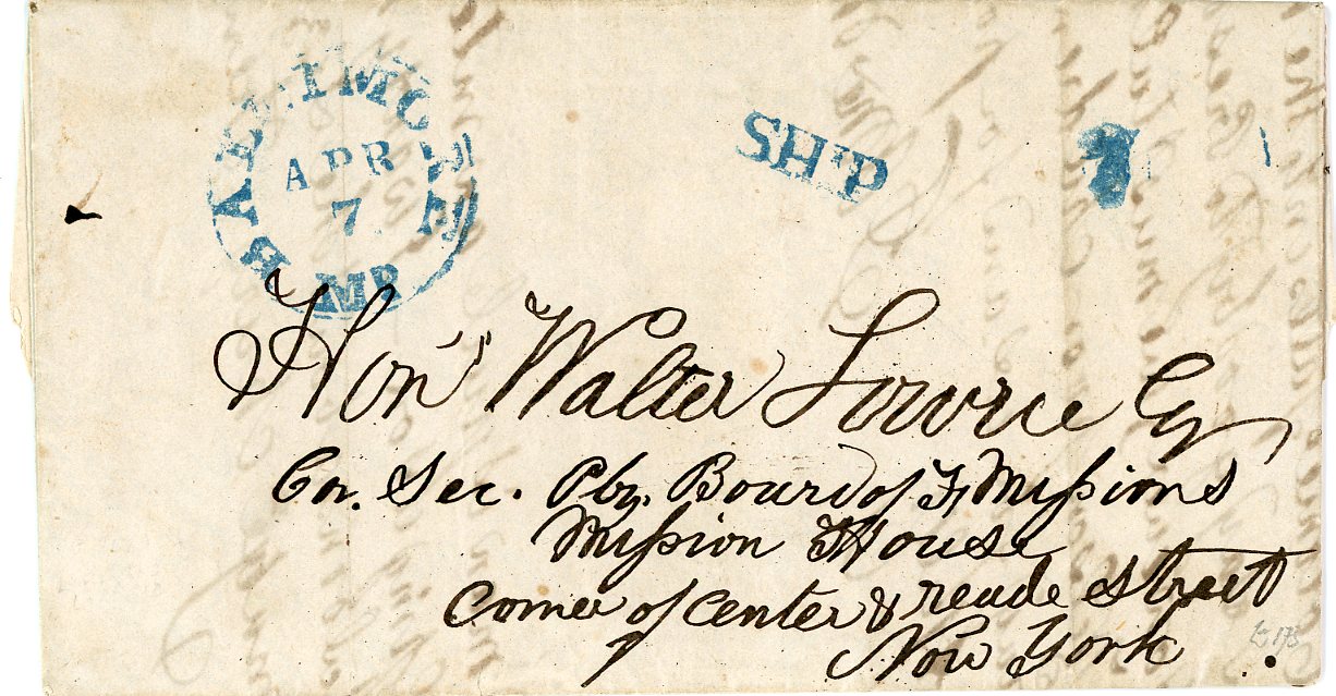 LIBERIA LIBERIA: 1846 (Dec 29) Missionary letter with Ling Will Town dateline to New York with blue BALTIMORE MP cds, SHIP and 7 hs all in the same blue ink, some interior splitting