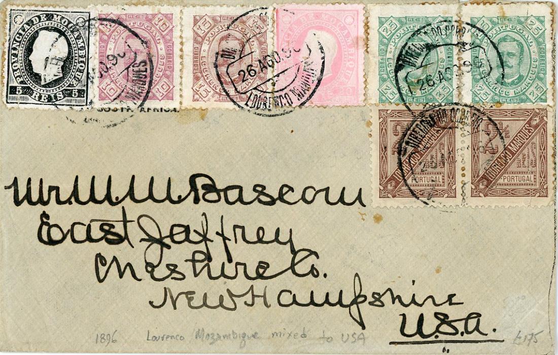 PORTUGUESE COLONIES: MOCAMBIQUE PORTUGUESE COLONIES: MOCAMBIQUE 1896 (26 Ago) envelope to USA franked 1886 5r black + 20r rosine in combination with Lourenco Marques 1893 Newspaper 2 1/2r brown (pair) + 1895 15r red-brown (2) + 25c green (2) all tied Lourenco Marques cdss with New York roller cancel (Sep 26) on reverse, some small faults, scarce franking