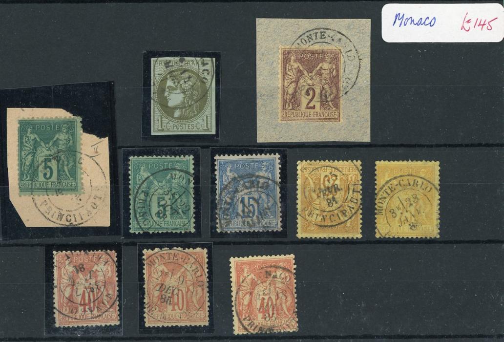 MONACO MONACO: Selection of 10 French stamps used in Monaco with 1870 Bordeaux 1c imperf with 1871 cds, rest all Peace & Commerce incl. 1878 40c (3) with mostly clear cancels