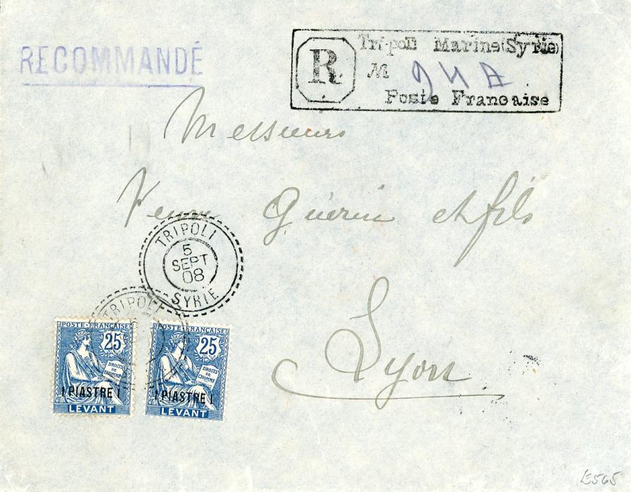 SYRIA SYRIA: 1908 (5 Sep) registered envelope to France franked French Levant 1pi on 25c Mouchon tied by TRIPOLI SYRIE pearl dooted cds, better strike alongside with very rare boxed Tripoli Marine (syrie) No.....Poste Francaise R cachet, s/l Recommande in violet alongside, Lyon 7 9 arr.bs, backflap imprinted