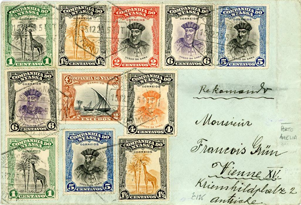 PORTUGUESE COLONIES: NYASSA PORTUGUESE COLONIES: NYASSA 1925 (15 12) registered envelope to Austria franked 1921-23 1c (2) + 1 1/2c (2) + 2c + 5c (2) = 6c (2) + 2e tied by PORTO AMELIA hexagonal dss, horiz. crease through bottom 3 stamps