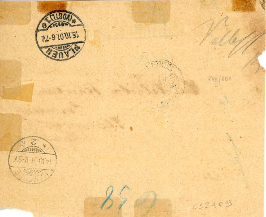 MADEIRA / FUNCHAL MADEIRA / FUNCHAL: 1901 (3 out) parcel card to Germany franked 1897 10r + 80r + 100r vertical pair + 300r tied by Funchal Madeira cds with Encommendes/Plauen 15/10 arrival, card with some peripheral faults not affecting stamps