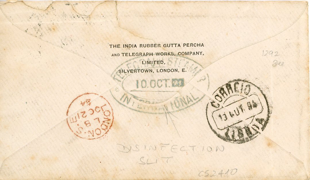 PORTUGUESE COLONIES: CAPE VERDE PORTUGUESE COLONIES: CAPE VERDE IS 1884 (10 Oct) envelope to London franked crown 100r lilac tied by S.VICENTE cds (some toning around perfs), Lisboa transit (18 10) London arrival in red (21 10), additional oval cachet in blue TELEGRAPH STEAMER INTERNATIONAL 10 Oct, central disinfection slit, backflap with tears