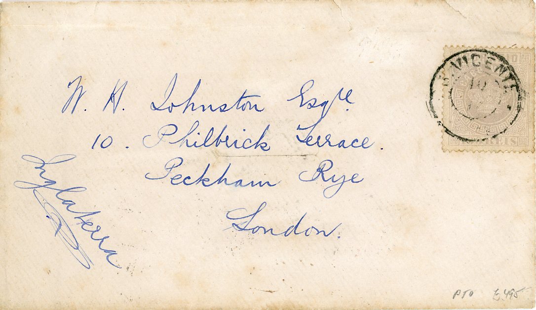 PORTUGUESE COLONIES: CAPE VERDE PORTUGUESE COLONIES: CAPE VERDE IS 1884 (10 Oct) envelope to London franked crown 100r lilac tied by S.VICENTE cds (some toning around perfs), Lisboa transit (18 10) London arrival in red (21 10), additional oval cachet in blue TELEGRAPH STEAMER INTERNATIONAL 10 Oct, central disinfection slit, backflap with tears
