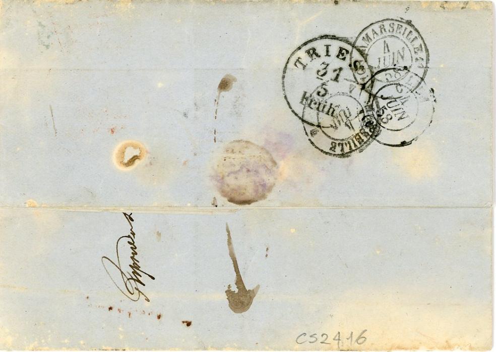 GREECE GREECE: 1858 (25 Mai) Entire to Marseille with Cephalonia ms dateline, blue scroll ds in association with scarce triangular A/25 accountancy mark, ms via Trieste on front with Autriche 2 Culoz 2 entry mark in red, Trieste 31/5 and Lyon transits 4 Juin, Marseille arrival 4/6, some staining to envelope, especially reverse 