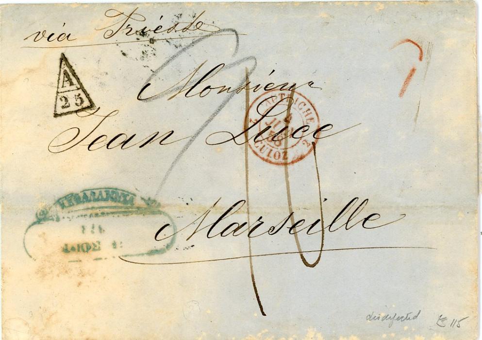 GREECE GREECE: 1858 (25 Mai) Entire to Marseille with Cephalonia ms dateline, blue scroll ds in association with scarce triangular A/25 accountancy mark, ms via Trieste on front with Autriche 2 Culoz 2 entry mark in red, Trieste 31/5 and Lyon transits 4 Juin, Marseille arrival 4/6, some staining to envelope, especially reverse 