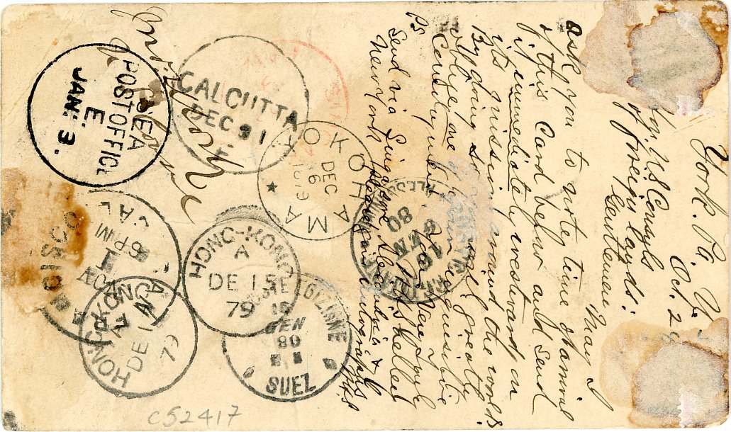 MALAYSIA / JAPAN / USA MALAYSIA / JAPAN / USA: 1879 (Oc 24) 1c US stationery card originally sent to US Consul in Yokohama Japan with British P.O. Dec 8 arrival, taxed 2s, redirected a number of times with 5s for onward transmission, Strait Settlements 2c tied by bamboo chop with ms date (23/12), SS 4c cancelled B172, also Singapore Paid De 23and scarce Penang Paid De 25 both in red, finally sent to Egypt8 backstamps incl. Hong Kong, India and Egypt, much travelled fascinating postal history item 