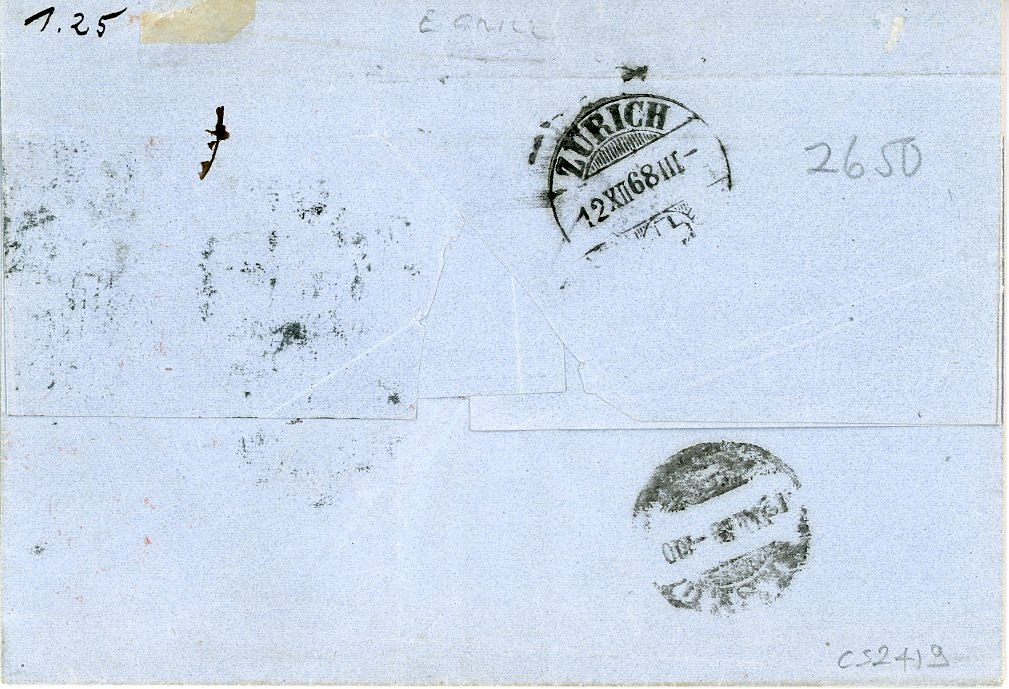 USA USA: 1868 (No 28) folded cover to Switzerland franked 1867-75 Lincoln 15c black tied by cork cancel, New York Paid All in red, fine Zurich arrival bs (12 XII), ms notation pr City of Baltimore, horizontal crease clear of adhesives